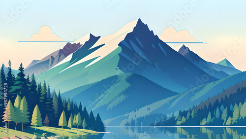 Stunning Vector Illustration: Mountain Landscape with Lake and Trees in Pastel Colors – Perfect for Desktop Backgrounds