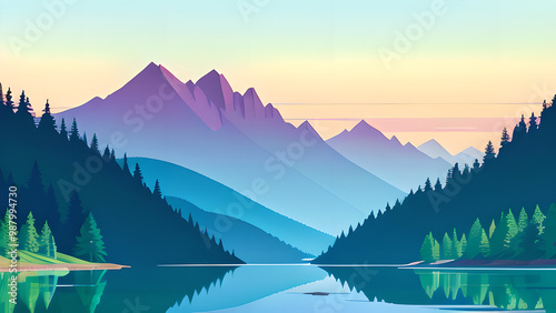 Stunning Vector Illustration: Mountain Landscape with Lake and Trees in Pastel Colors – Perfect for Desktop Backgrounds