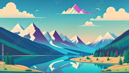 Stunning Vector Illustration: Mountain Landscape with Lake and Trees in Pastel Colors – Perfect for Desktop Backgrounds