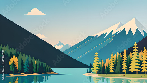 Stunning Vector Illustration: Mountain Landscape with Lake and Trees in Pastel Colors – Perfect for Desktop Backgrounds