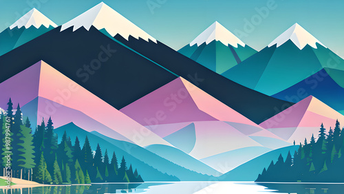 Stunning Vector Illustration: Mountain Landscape with Lake and Trees in Pastel Colors – Perfect for Desktop Backgrounds
