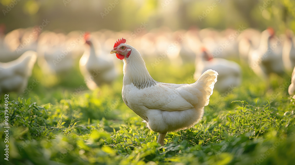 A white chicken with a red beak stands in a field of grass. The sun is setting in the background, casting a warm glow over the scene A white chicken with a red beak stands in a field of grass. The sun is setting in the background, casting a warm glow over the scene