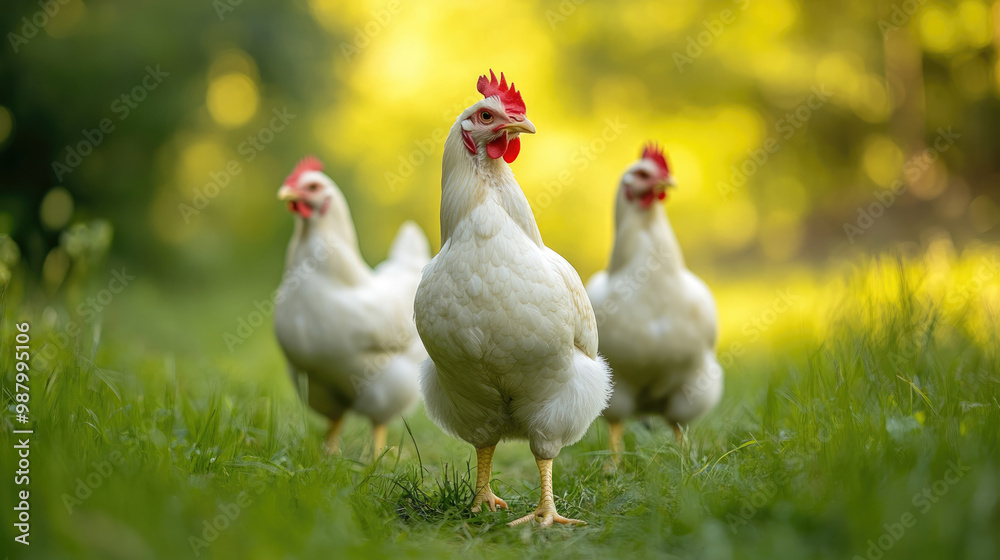 A white chicken with a red beak stands in a field of grass. The sun is setting in the background, casting a warm glow over the scene A white chicken with a red beak stands in a field of grass. The sun is setting in the background, casting a warm glow over the scene