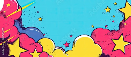 A vibrant comic-style background featuring colorful clouds and stars.