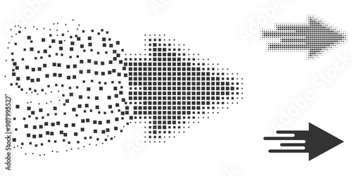 Shredded pixelated quick arrow glyph with halftone version. Vector destruction effect for quick arrow symbol. Pixelated destruction process for quick arrow shows motion of cyberspace concepts.