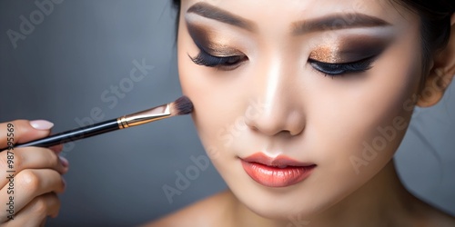 Young Asian woman applies eye shadow