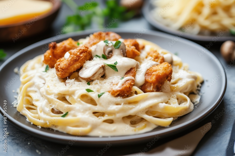 Delicious creamy fettuccine pasta topped with fried chicken, mushrooms, and fresh herbs on a dark plate. Delicious creamy fettuccine pasta topped with fried chicken, mushrooms, and fresh herbs on a dark plate.