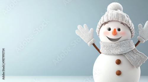 adorable snowman waving in knitted winter apparel on light blue background, with copy space for text