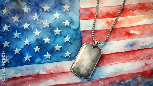 American flag with military dog tags, watercolor tribute to veterans, patriotic theme