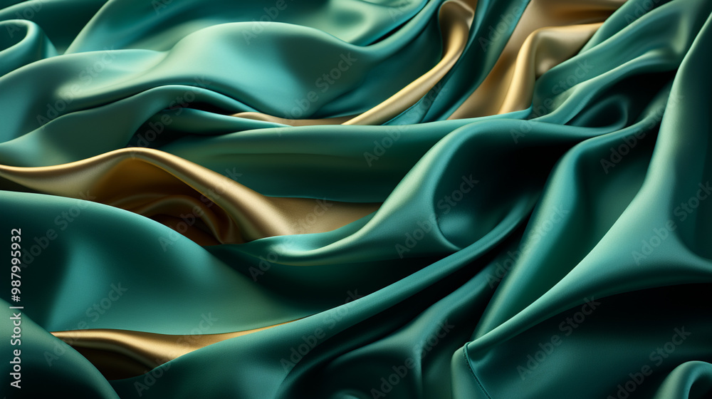 Shiny green and gold silk swirl wavy background, abstract. Close-up view of a textile fabric. Backdrop texture for the product display, full frame