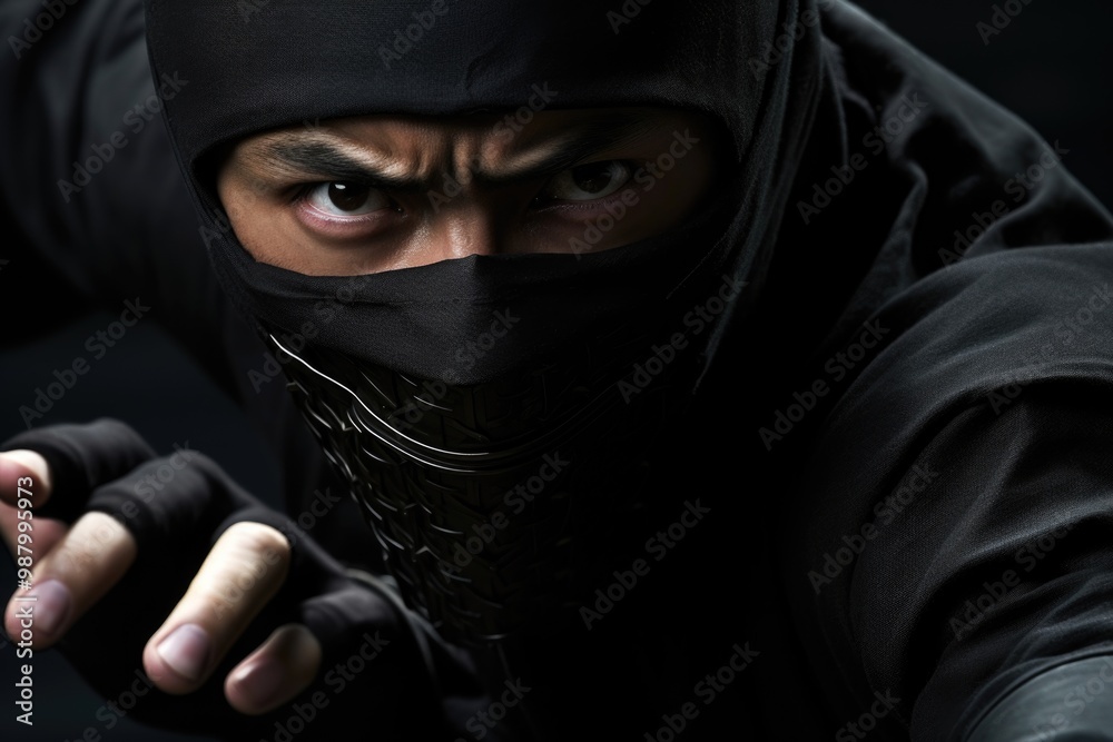 Mysterious figure - portrait ninja depicting shadowy and elusive warrior, capturing essence of stealth and agility, highlighting enigmatic presence and silent strength of master of covert operations Mysterious figure - portrait ninja depicting shadowy and elusive warrior, capturing essence of stealth and agility, highlighting enigmatic presence and silent strength of master of covert operations