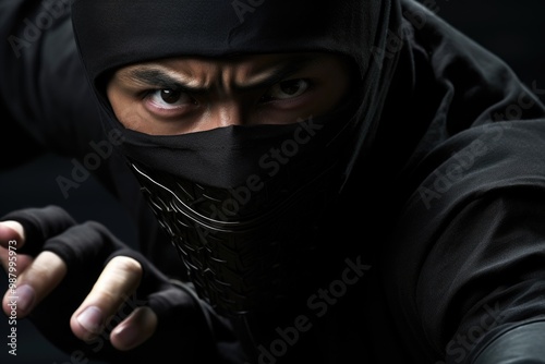 Mysterious figure - portrait ninja depicting shadowy and elusive warrior, capturing essence of stealth and agility, highlighting enigmatic presence and silent strength of master of covert operations