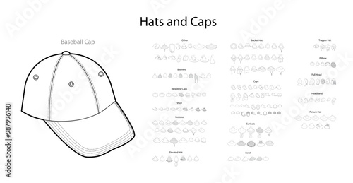 Bundle of Hats in different styles with name text - Fedora Picture Beanies, Sunhats Beret Bucket Visor. Head Fashion accessory cap technical illustration. Vector for Men, women, style, flat template
