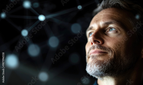 Corporate Executive with Holographic Global Data Flow Networks on a Sleek Black Background photo