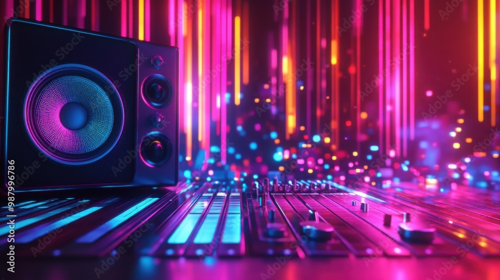 A futuristic background featuring an abstract digital equalizer with neon colors and a stylish speaker, creating an immersive atmosphere for music lovers and audiophiles