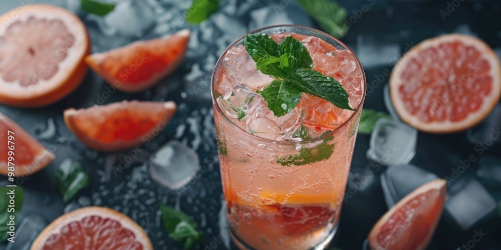 Chilled Mint and Ice Infused Citrus Beverage in a Glass Chilled Mint and Ice Infused Citrus Beverage in a Glass