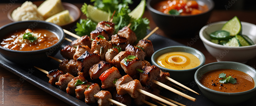 A sizzling plate of grilled pork skewers with dipping sauces on the side, grilled pork skewers, Thai street food