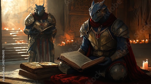 Two lizard-like humanoids dressed in medieval armor are sitting in an ancient, candle-lit library or temple setting. The foremost figure is seated at a table, engrossed in an open book, while the seco photo