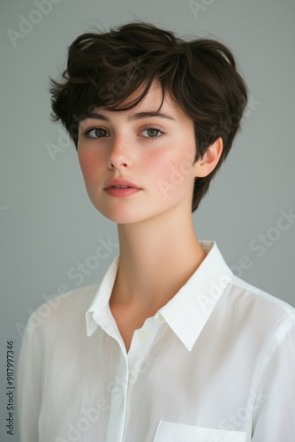 Young woman with short dark hair poses naturally against a gray background, expressing calm and poise.