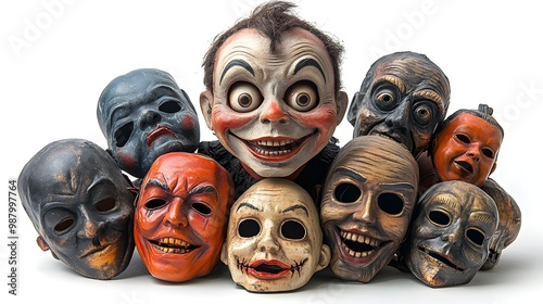 Creepy ventriloquist dummy with a sinister smile, surrounded by Halloween masks, dark horror style, isolated on white background photo