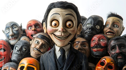 Creepy ventriloquist dummy with a sinister smile, surrounded by Halloween masks, dark horror style, isolated on white background photo