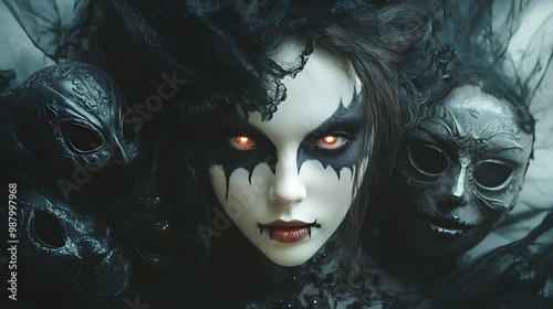 Dark fairy with glowing eyes, surrounded by Halloween masks, surreal fantasy art, moody atmosphere, isolated on white background