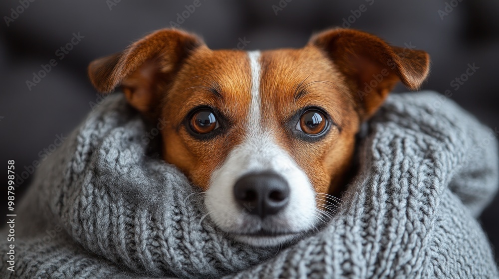 A cozy dog wrapped in a knitted blanket, exuding warmth and comfort. A cozy dog wrapped in a knitted blanket, exuding warmth and comfort.