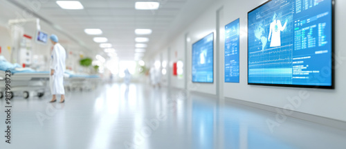 A modern healthcare facility with digital screens displaying patient data.