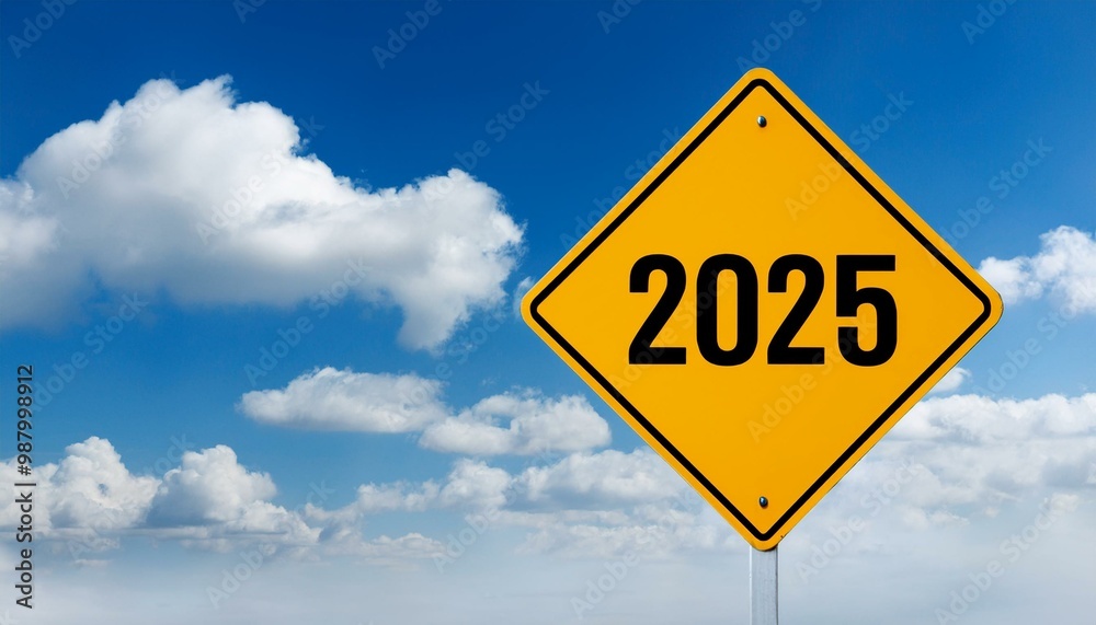 Text 2025 on yellow sign against blue sky Text 2025 on yellow sign against blue sky