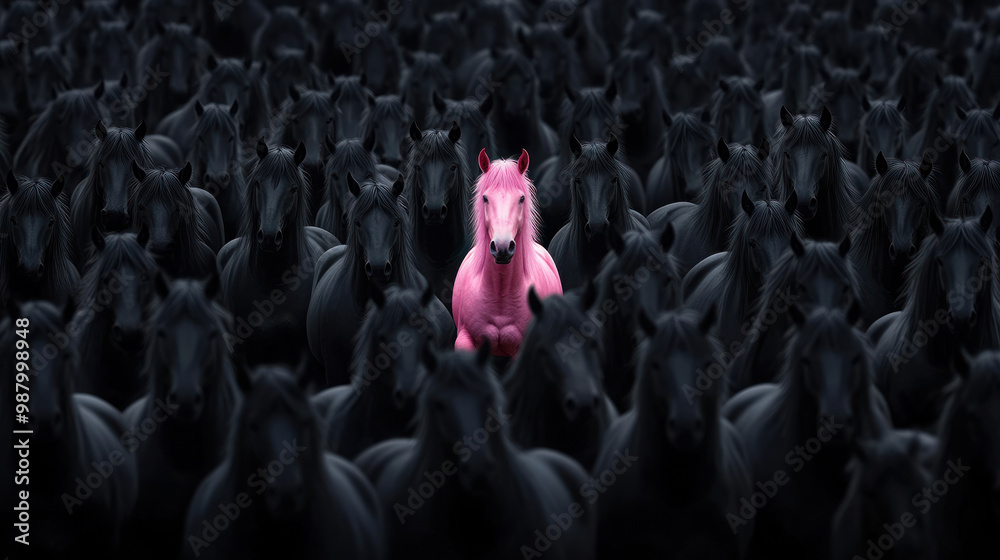 Obraz premium A striking image of massive herd of white horses, with one pink horse standing out among them.