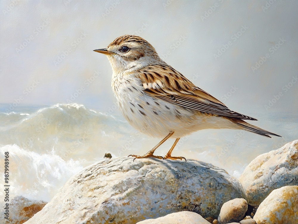 A Small Bird Perched on a Rock by the Sea A Small Bird Perched on a Rock by the Sea