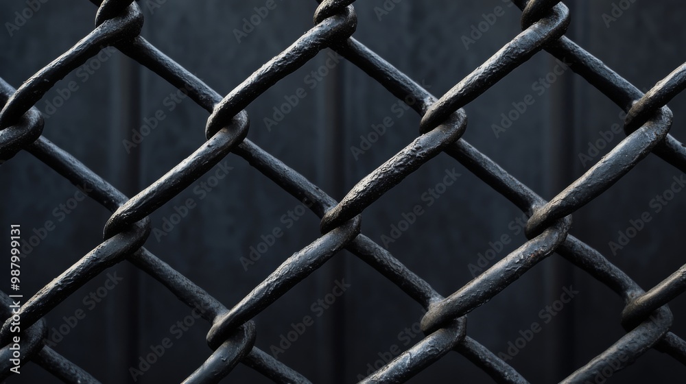 Fototapeta premium Close-up of a black chain-link fence with a dark background.