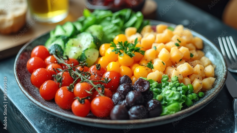 A colorful plate of fresh vegetables and fruits for healthy eating. A colorful plate of fresh vegetables and fruits for healthy eating.