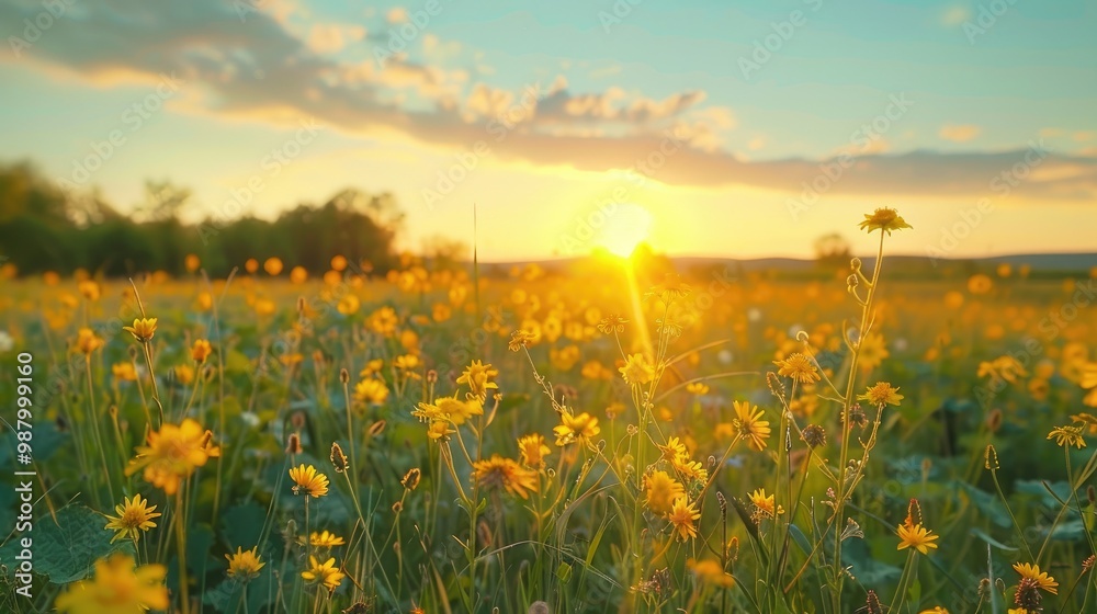 Vast field rich with lively yellow blooms flourishing in the warm sunlight - panoramic view of mustard flower cultivation. Vast field rich with lively yellow blooms flourishing in the warm sunlight - panoramic view of mustard flower cultivation.
