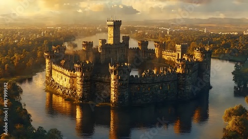 A ring-shaped medieval fortress with towering stone walls, surrounded by a reflective moat, lit by the golden light of sunset, with imposing towers at regular intervals