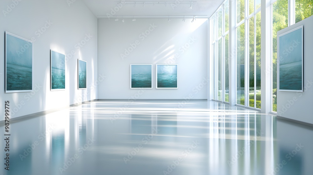 A series of surrealist paintings displayed in a circular format in a white-walled gallery, with natural light streaming through large windows and reflections on the polished floor A series of surrealist paintings displayed in a circular format in a white-walled gallery, with natural light streaming through large windows and reflections on the polished floor