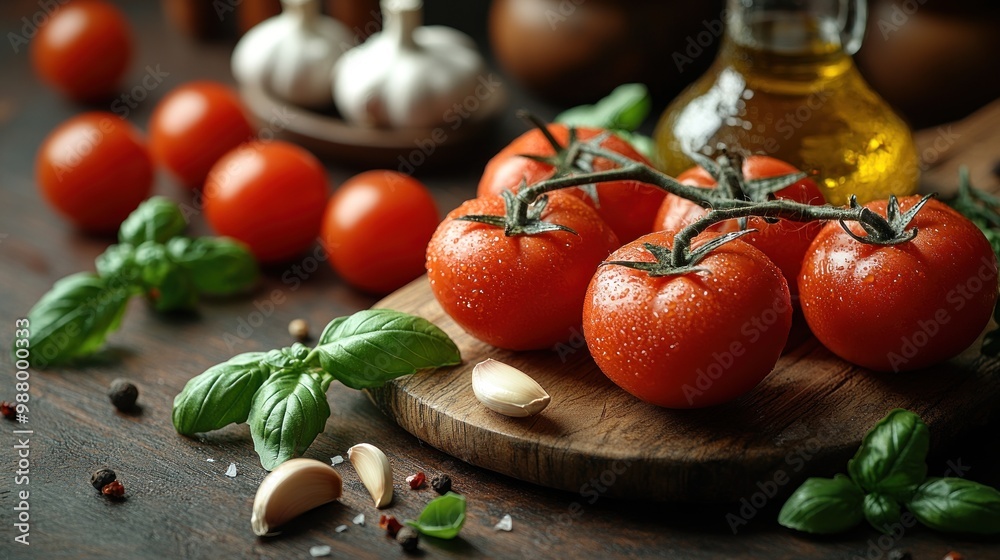 Fresh tomatoes, garlic, and basil on a wooden board for cooking.
