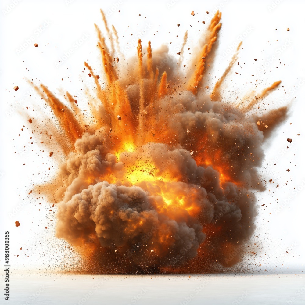 A powerful and dramatic explosion with fire and smoke against a white background capturing intense energy. A powerful and dramatic explosion with fire and smoke against a white background capturing intense energy.