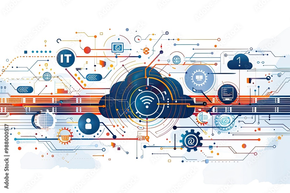 Obraz premium A digital illustration of cloud computing with interconnected technology elements.