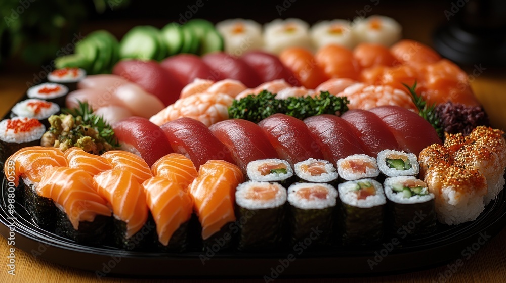 A beautifully arranged platter of assorted sushi and sashimi.