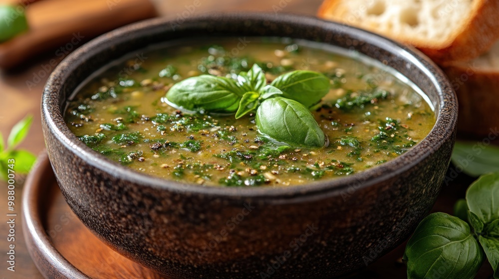A bowl of soup garnished with basil, accompanied by bread. A bowl of soup garnished with basil, accompanied by bread.