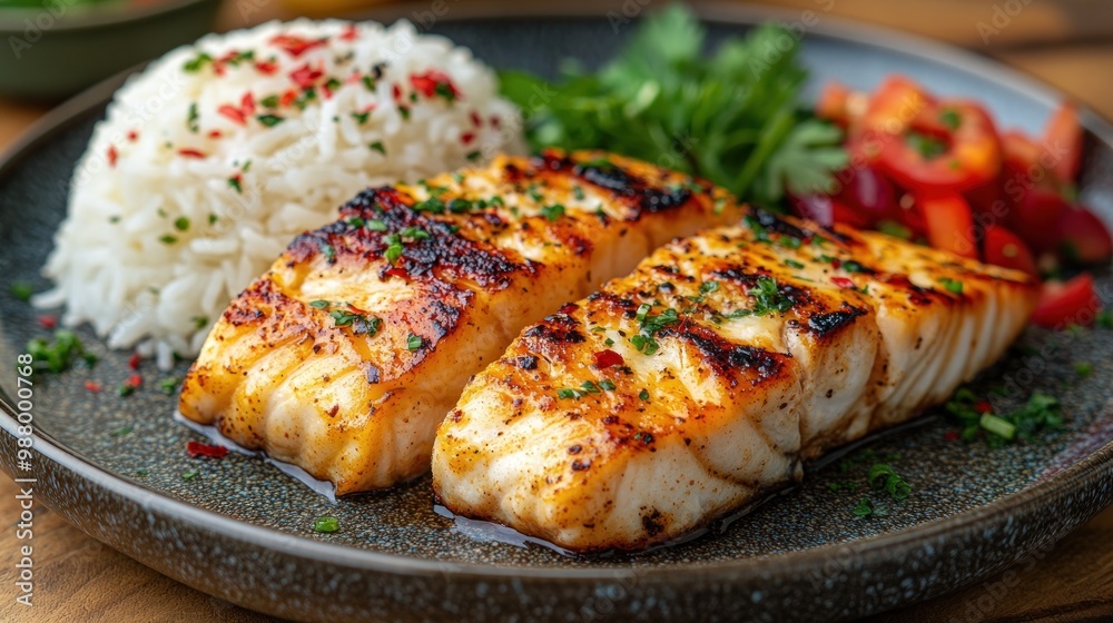 Grilled salmon served with rice and fresh vegetables on a plate. Grilled salmon served with rice and fresh vegetables on a plate.