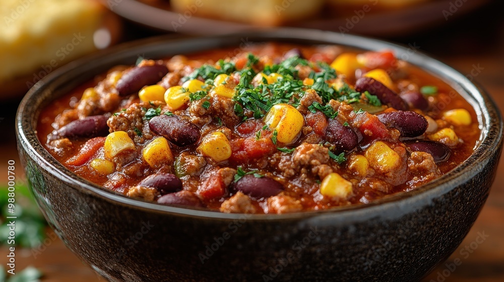 A hearty bowl of chili topped with corn and parsley. A hearty bowl of chili topped with corn and parsley.