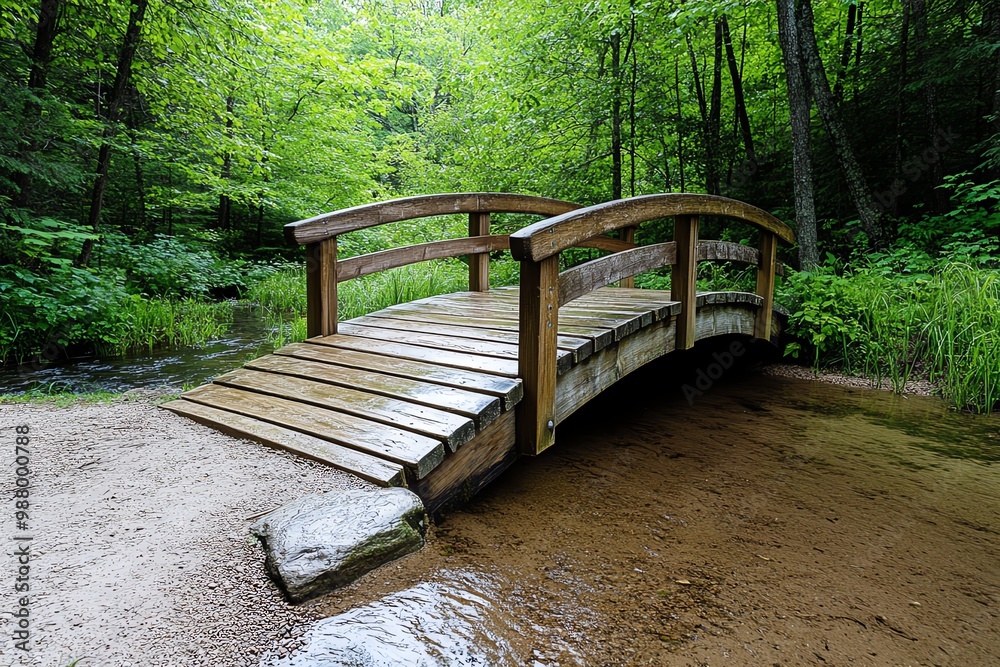 Fototapeta premium Rustic wooden bridge, crossing over a small stream in a peaceful forest in Door County