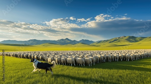 Shepherd Dog Herding Flock Of Sheep In Green Fields With Mountains In The Background