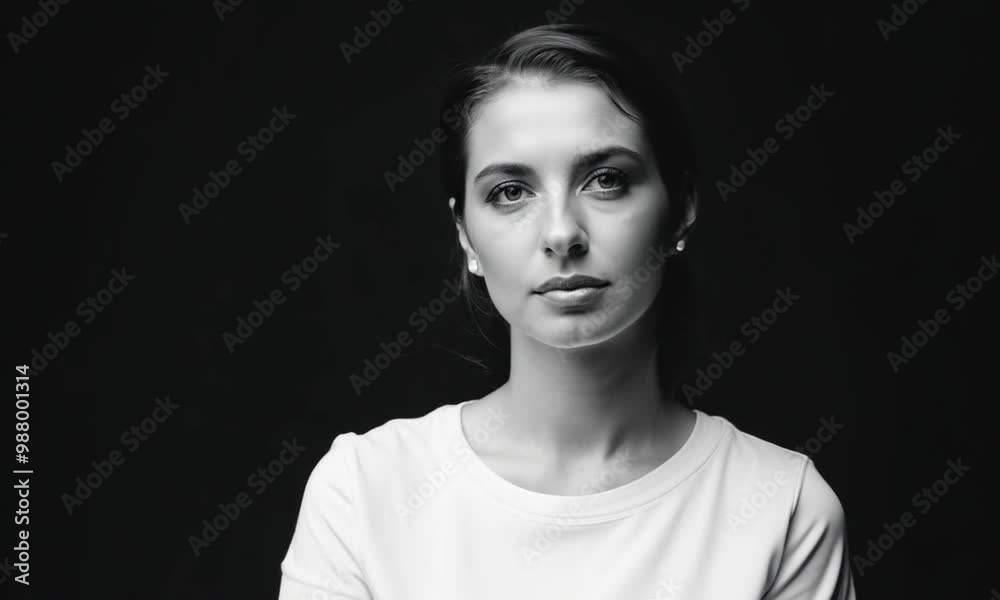 Close Up Woman White T-Shirt Black Background Close Up Woman White T-Shirt Black Background