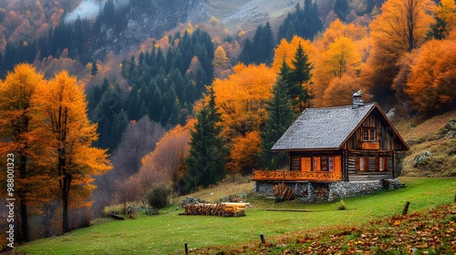 Farm house in the mountains in autumn 