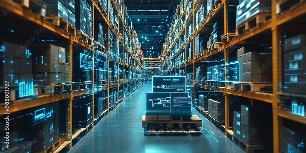 Smart warehouse management system using augmented reality technology to identify package picking and delivery . Future concept of supply chain and logistic business Smart warehouse management system using augmented reality technology to identify package picking and delivery . Future concept of supply chain and logistic business