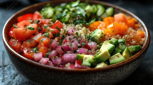 Colorful quinoa salad with fresh vegetables and herbs.