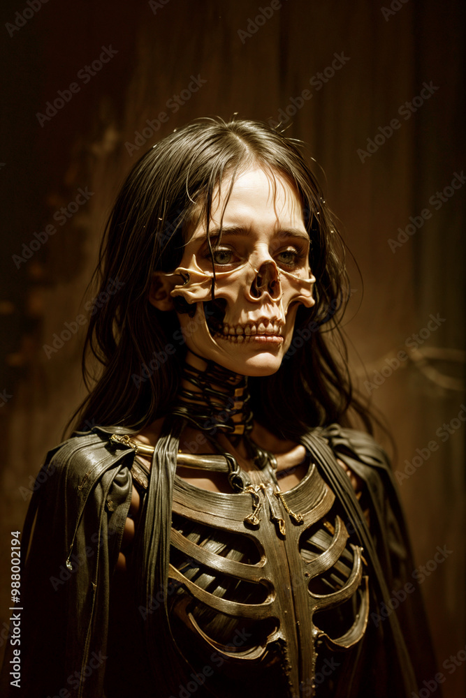 A skeletal figure with long black hair, wearing a black dress and adorned with gold necklaces, stands in a dark, dingy room. A skeletal figure with long black hair, wearing a black dress and adorned with gold necklaces, stands in a dark, dingy room.